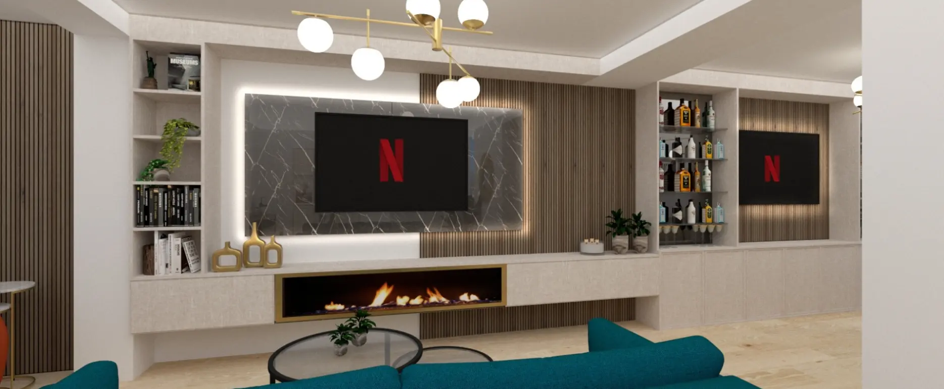 Bespoke media wall with integrated fireplace and display joinery