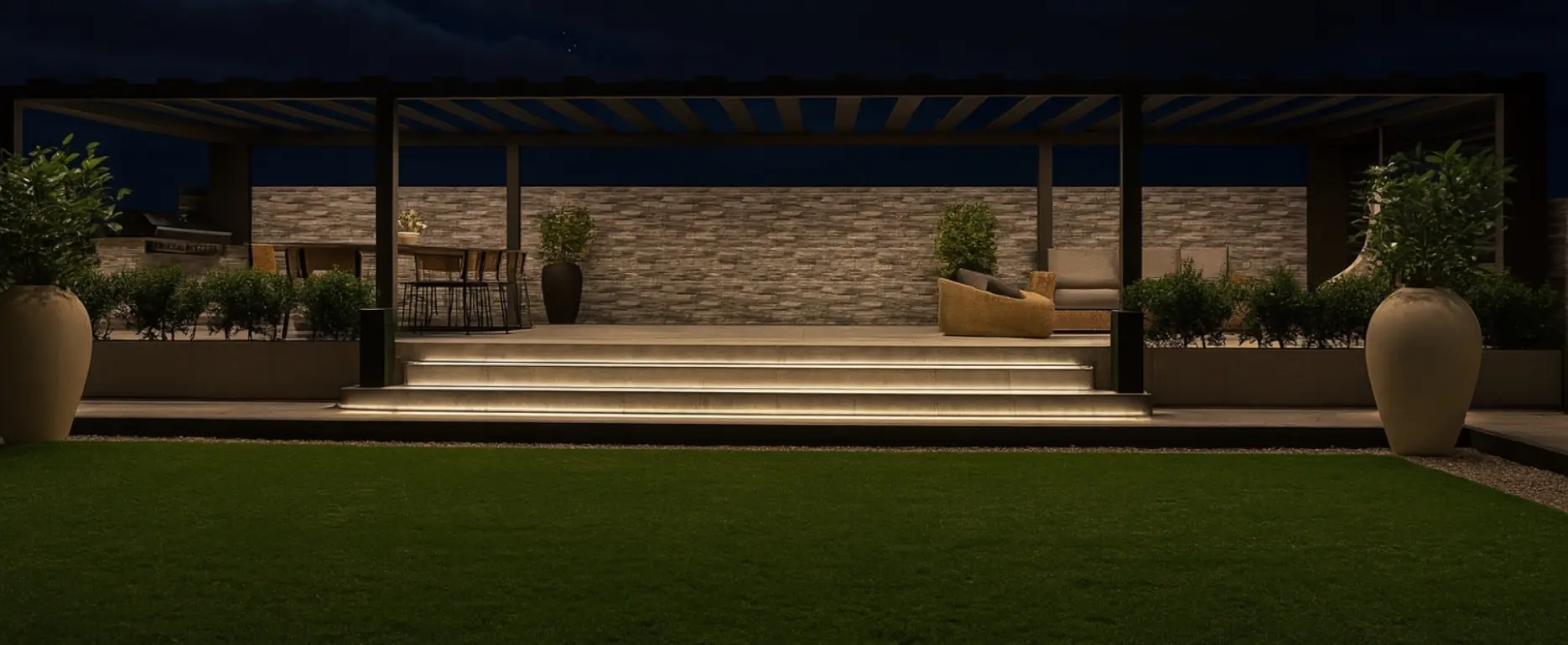 Covered outdoor lounge and landscaped evening terrace