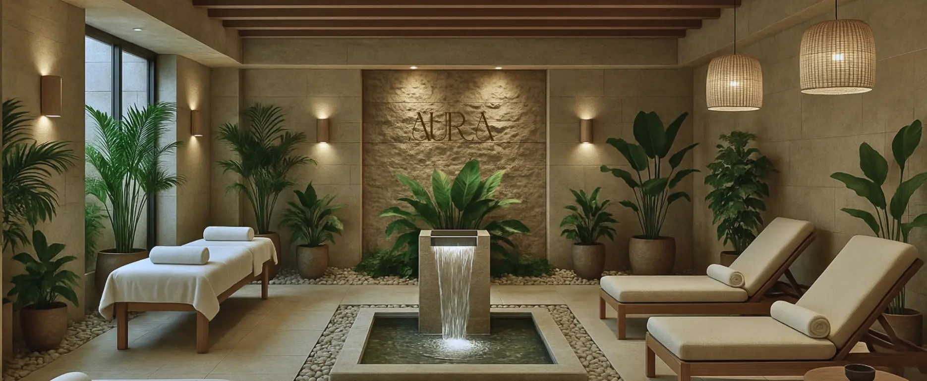 Calm spa reception with natural finishes and planting